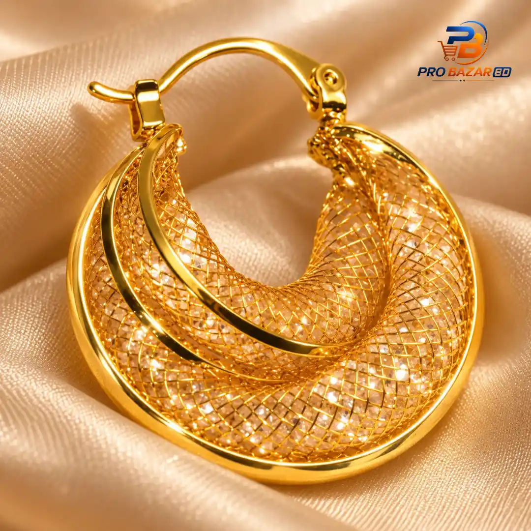 Golden Mesh Hoop Earrings for Women - Image 2